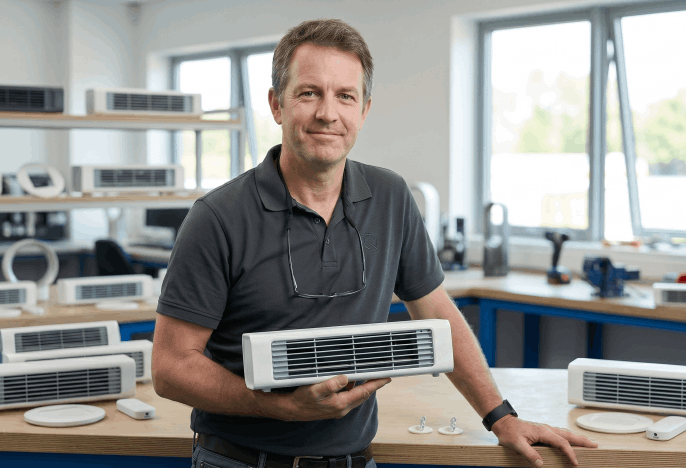 Expert Liam Turner holding Qinux BreezaMax Portable AC in his hand 